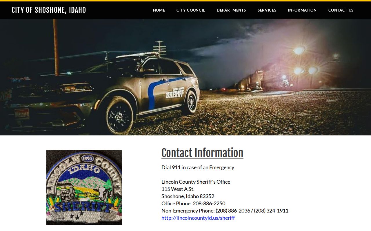 Official Shoshone page directing police service to Lincoln County Sheriff